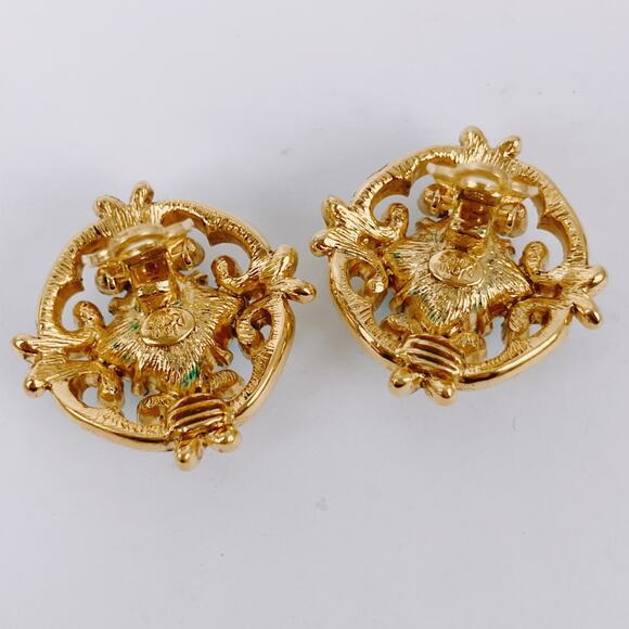 Vintage Signed Joan Rivers Gold Tone Aqua Glass AB Filigree Clip-On Earrings - Picture 12 of 13